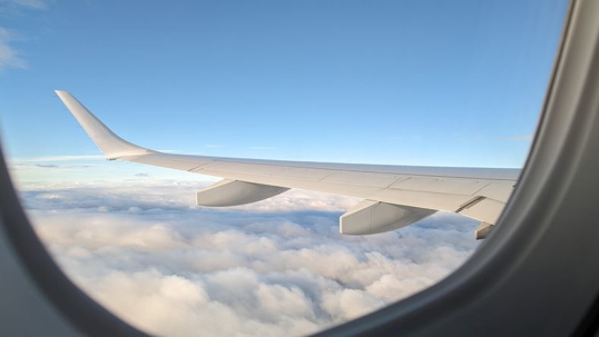 View of plane wing outside plane window